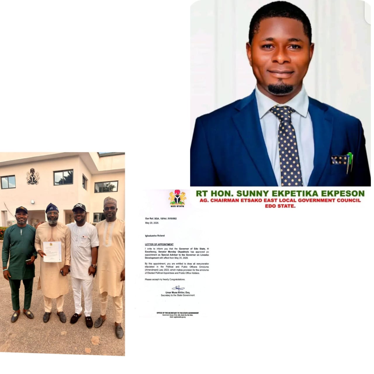 A NEW CHAPTER OF GROWTH: *ETSAKO EAST CELEBRATES ROLAND IGBADUMHE, THE “YOUNGEST OLD MAN” WITH A VISION FOR AGRICULTURE, IS APPOINTED SPECIAL ASSISTANT ON LIVESTOCK DEVELOPMENT BY GOVERNOR MONDAY OKPEBHOLO, HERALDING A NEW ERA OF INNOVATION, RURAL EMPOWERMENT, AND PROSPERITY FOR EDO STATE img 20260522 wa0006